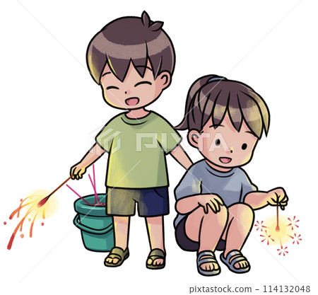 Children playing with hand-held fireworks (night) 114132048