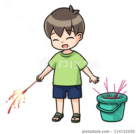 Boy setting off fireworks next to a fire bucket 114132050
