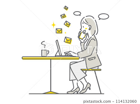 A woman working stress-free in a cafe: simple and stylish line drawing illustration 114132060