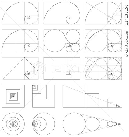 各種黃金螺旋和黃金比例的向量插圖集 114132156
