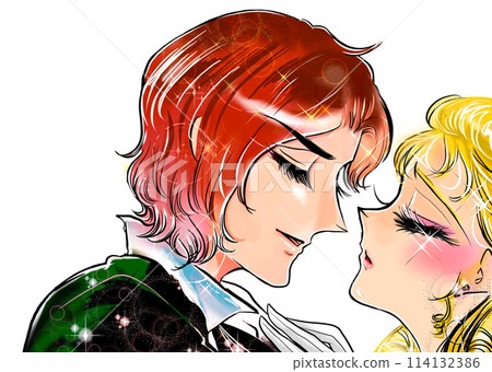 A heart-pounding romance scene in which a handsome prince and a blonde princess suddenly become close. A Showa era girl manga style illustration. A heart-pounding romance scene in which a handsome prince and a blonde princess suddenly become close. A Showa era girl manga style illustration. 114132386