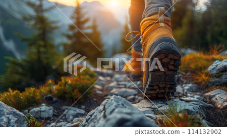 A person is walking on a rocky path with a yellow shoe 114132902