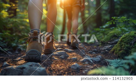 two people walking on a rocky path with a backpack. 114132903