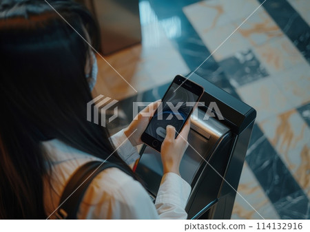 A woman is holding a cell phone and looking at it 114132916