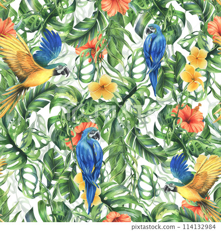 Tropical palm leaves, monstera and flowers of plumeria, hibiscus, bright juicy with blue-yellow macaw parrot. Hand drawn watercolor botanical illustration. Seamless pattern on the white background. Tropical palm leaves, monstera and flowers of plumeria, hibiscus, bright juicy with blue-yellow macaw parrot. Hand drawn watercolor botanical illustration. Seamless pattern on the white background. 114132984