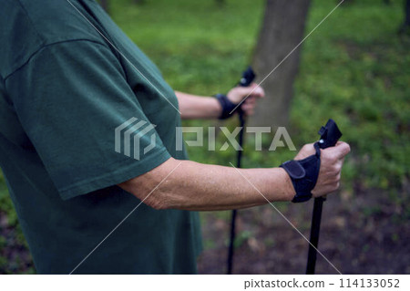 elderly woman is engaged in Nordic walking with sticks in the spring forest 114133052