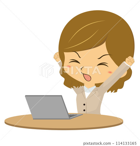 A woman stretching in front of a personal computer 114133165