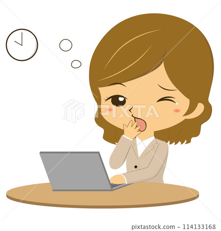 Sleepy woman in front of a computer 114133168