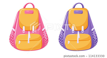 School childish backpack for girl and boy, pink and purple color. Children briefcases, schoolbags for supplies. Back to school, education concept, vector illustration, modern cartoon flat style 114133330
