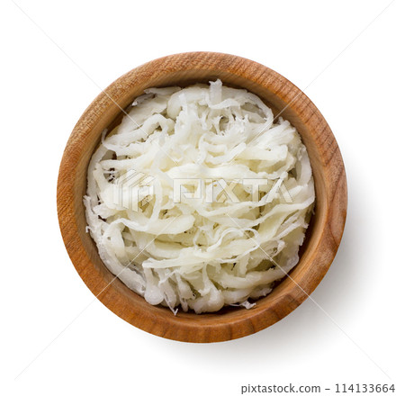 Dried squid in a wooden plate on a white background. Top view 114133664