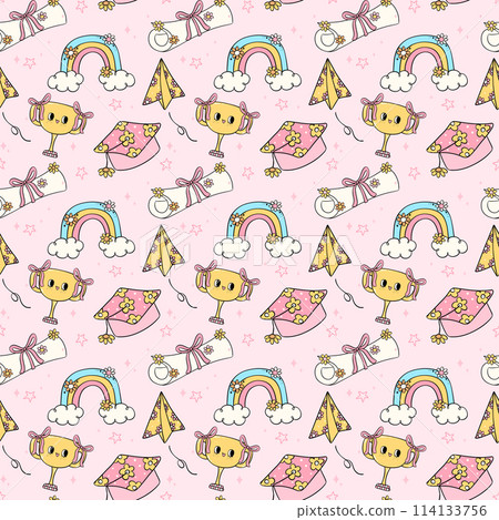 Back to school seamless pattern retro groovy graduation trendy doodle drawing repeating isolated of pink background. Back to school seamless pattern retro groovy graduation trendy doodle drawing repeating isolated of pink background. 114133756
