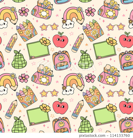 Back to school seamless pattern retro groovy trendy doodle drawing repeating isolated on background. Back to school seamless pattern retro groovy trendy doodle drawing repeating isolated on background. 114133760