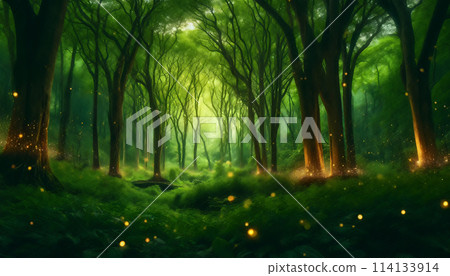 夏夜，螢火蟲的光和樹木在森林裡閃閃發光 114133914