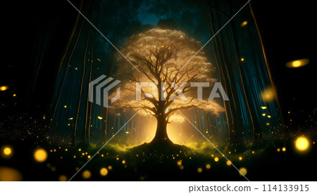 夜晚森林裡的螢火蟲光和樹木 114133915