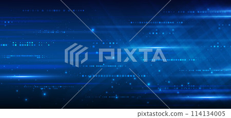Abstract technology futuristic glowing lines neon blue light ray on dark blue background with square pattern digital element. 114134005