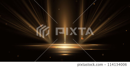 Abstract glowing gold diagonal lighting lines on dark  background with lighting effect and sparkle with copy space for text. 114134006