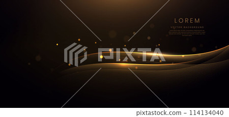 Gold curved ribbon on black background with lighting effect and sparkle with copy space for text. Luxury design style. 114134040