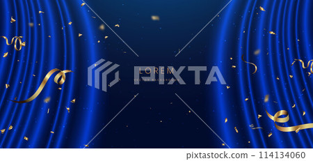 Blue curtain background. Golden confetti banner and ribbon on white background. 114134060