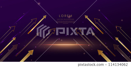 Elegant purple background with gold arrow glowing lighting effect and sparkle. Template premium award design. 114134062