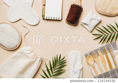 Zero waste concept. Eco-friendly home daily accessories. top view 114134316