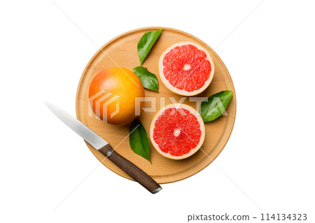 fresh Fruit grapefruit slices isolated on white background. Top view. Copy Space. creative summer concept. Half of citrus in minimal flat lay with copy space fresh Fruit grapefruit slices isolated on white background. Top view. Copy Space. creative summer concept. Half of citrus in minimal flat lay with copy space 114134323