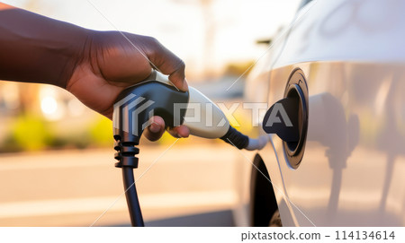 EV Car or Electric vehicle at charging station with the power cable supply plugged in on blurred nature with blue enegy power effect. Eco-friendly sustainable energy concept. 114134614