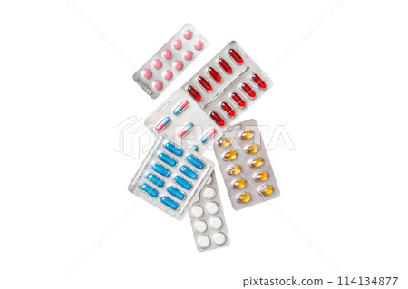 Protective face masks or surgical masks, medicine pills and thermometer on table background. Coronavirus disease. Corona virus concept. Space for text 114134877