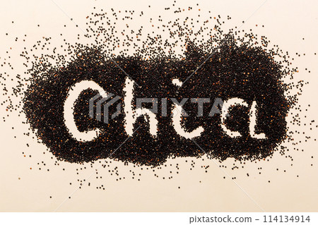 chia word made from chia seeds top view on colored background. Healthy superfood 114134914