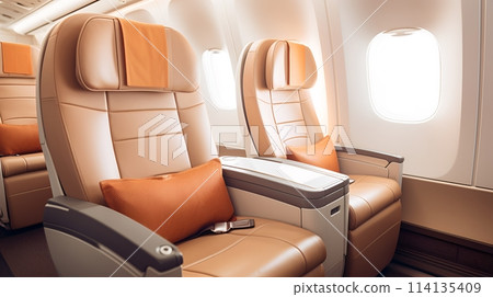 The interior of an airplane cabin with empty seats 114135409