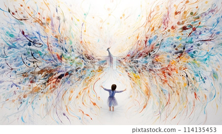 Little girl in front of a colorful peacock with wings spread wid 114135453