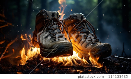 A pair of hiking boots are on fire in the middle of a forest 114135485
