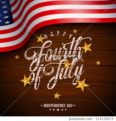 4th of July Independence Day of the USA Vector Illustration with American Flag Pattern Heart, Gold Star and Falling Confetti on Blue Background. Fourth of July National Celebration Design with 4th of July Independence Day of the USA Vector Illustration with American Flag Pattern Heart, Gold Star and Falling Confetti on Blue Background. Fourth of July National Celebration Design with 114135673