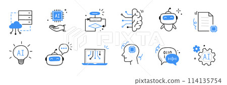 Artificial ai brain icon. Ai machine digital robot hand drawn doodle line icon. Artificial brain algorithm machine science concept. Hand drawn sketch style cute blue line. Vector Artificial ai brain icon. Ai machine digital robot hand drawn doodle line icon. Artificial brain algorithm machine science concept. Hand drawn sketch style cute blue line. Vector 114135754