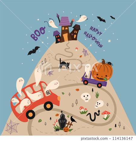 Cute Halloween party map. Funny poster with vector happy pumpkin, truck, creepy ghosts in bus, skeleton, haunted house Cute Halloween party map. Funny poster with vector happy pumpkin, truck, creepy ghosts in bus, skeleton, haunted house 114136147