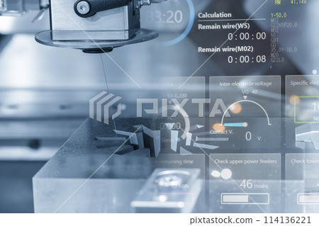 Abstract scene the wire EDM machine cutting the mold parts and graphic data background. 114136221