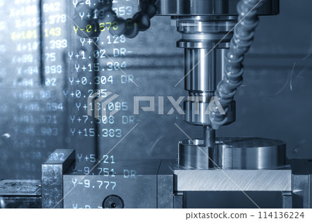 Abstract scene the CNC milling machine cutting and G-code data background. 114136224