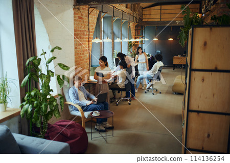 Mix of traditional and modern elements in co-working space. Young people, students and freelancers meeting for comfortable work 114136254