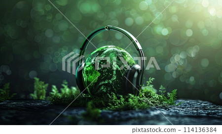 world music day. green planet in headphones listening to music 114136384