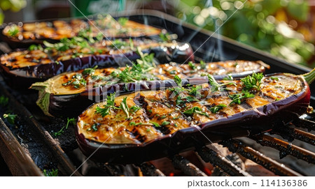 delicious grilled eggplants with herbs 114136386