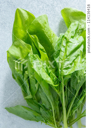 Spinach green leaves on salad. Spinach green leaves on salad. 114136416