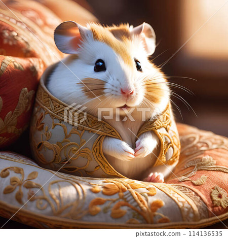 A fawn hamster with white whiskers sits on a soft pillow 114136535