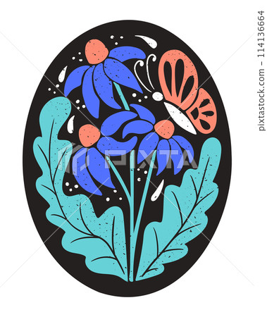 Retro abstract floral composition in ellipse shape on black background. Flat hand drawn composition with flowers and butterfly in printmaking technique with grunge texture. Ideal for home decor 114136664