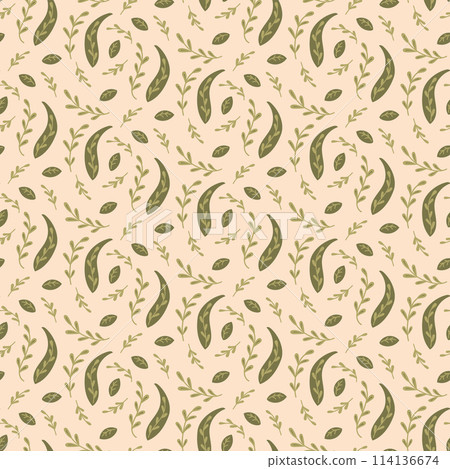 Seamless pattern with flat folk abstract leaves and branches in muted colors. Botanical illustration in retro boho style. Vintage nature print design for textile or wallpaper. 114136674