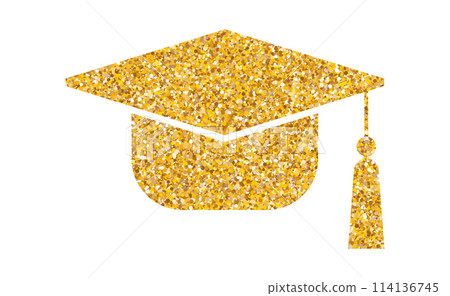 Graduation hat glitter logo. Graduate cap flat sparkling luxury gold sticker Graduation hat glitter logo. Graduate cap flat sparkling luxury gold sticker 114136745