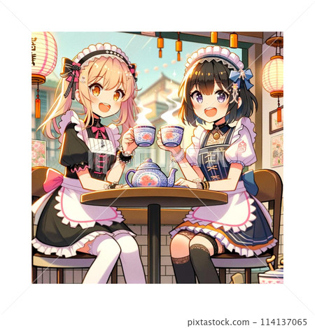 女孩穿著女僕裝在台灣咖啡館玩耍，頭帶迷你裙圍裙少女漫畫AI製作 114137065