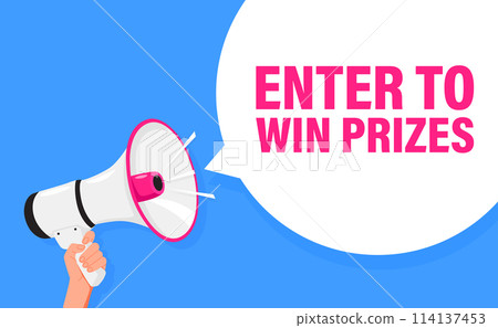 Enter to win prizes. Hand hold megaphone speaker for announce. Attention please. Shouting people, advertisement speech symbol. Enter to win prizes. Hand hold megaphone speaker for announce. Attention please. Shouting people, advertisement speech symbol. 114137453