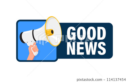 Good news. Hand hold megaphone speaker for announce. Attention please. Shouting people, advertisement speech symbol 114137454