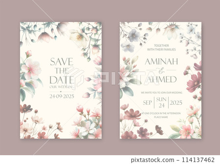 Elegant wedding invites with watercolor flowers on white background. Elegant wedding invites with watercolor flowers on white background. 114137462