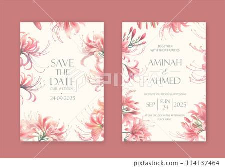 Elegant wedding invites with watercolor flowers on white background. Elegant wedding invites with watercolor flowers on white background. 114137464