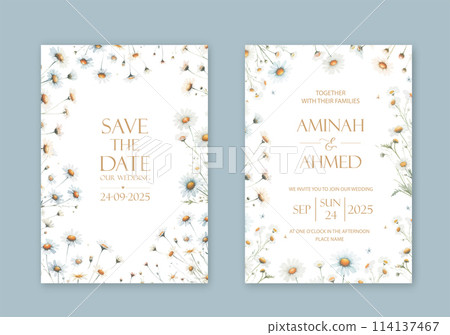 Elegant wedding invites with watercolor flowers on white background. Elegant wedding invites with watercolor flowers on white background. 114137467